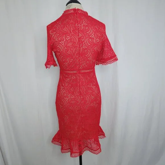 Bardot Lace Dress Medium Red Ruffle Mini - www.threedaughtersproperties.com